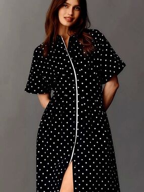 NWT Exquise from Anthropology Black Polka Dot Maxi Dress with Front Zip